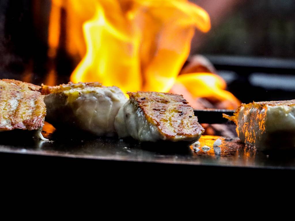 Blick auf die Garplatte des Ofyrs. Darauf liegen 2 Stücke Fisch. Im Hintergrund ist eine Flamme zu sehen.