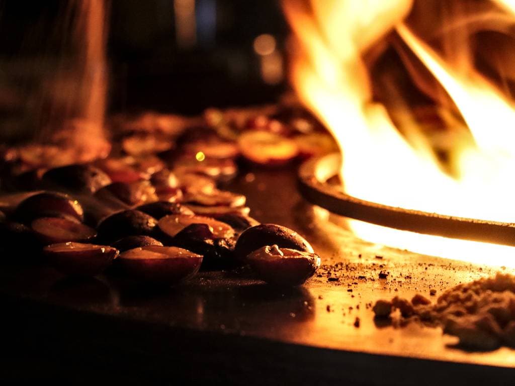 Blick auf den Ofyer. Rechts sind Flammen zu sehen. Auf der Grillplatte sind Pflaumen.